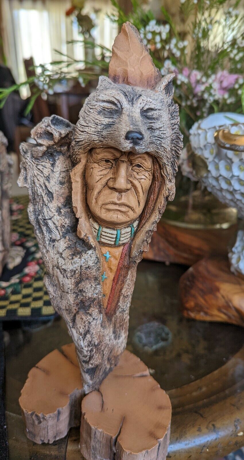 Vintage Terracotta Ceramic Native American Chief Statue on Stand.