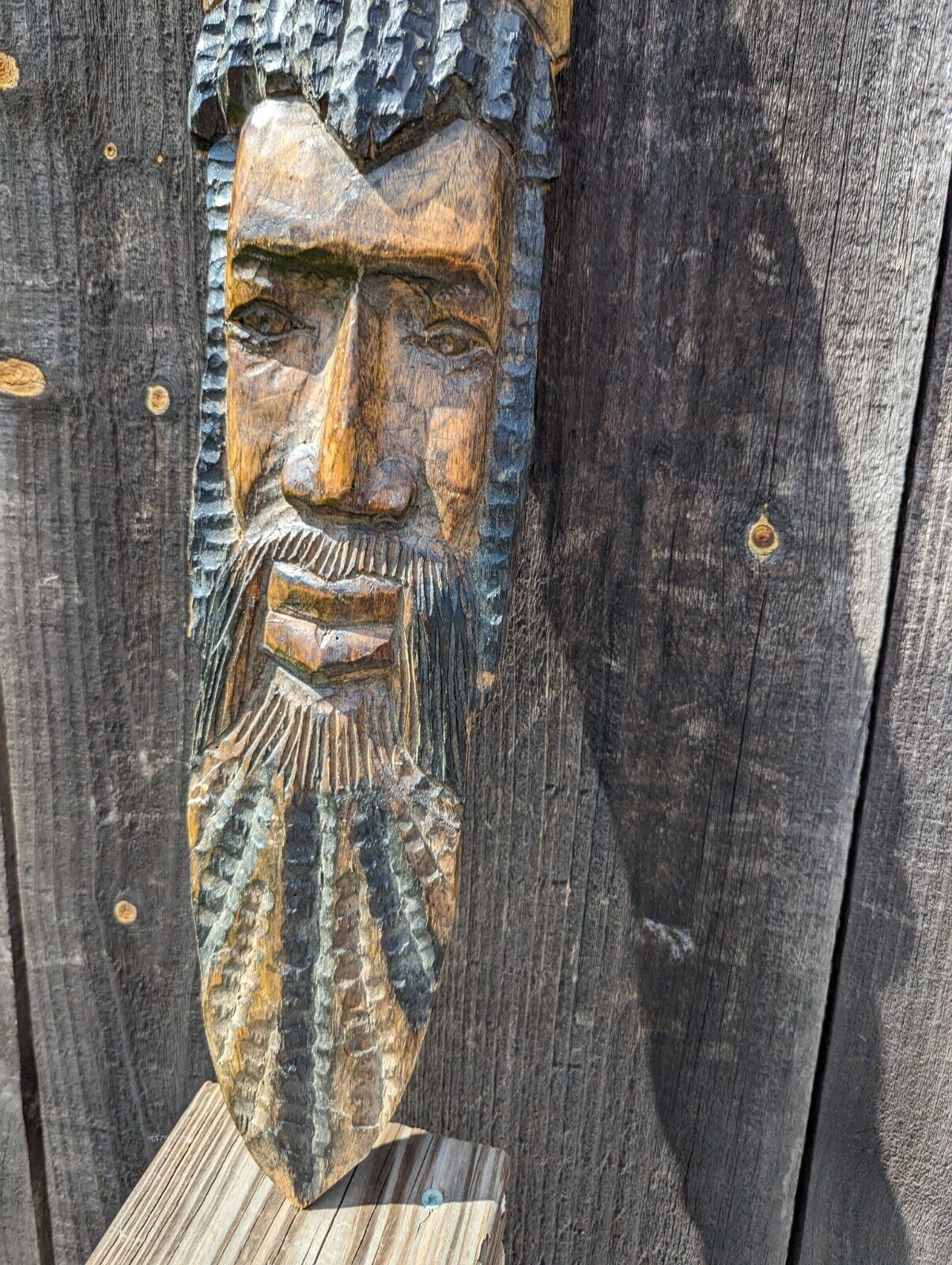 Slender Elongated Primitive Bearded Real Wood Carved Man Mask Wall Hanging 2 Ft