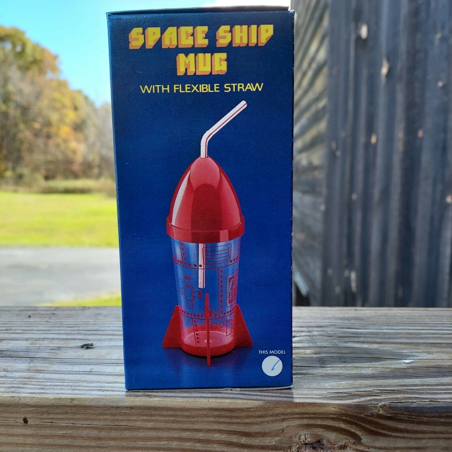 Vintage Plastic Space Ship Mug w flexible straws Red Yellow Blue NIB Hong Kong