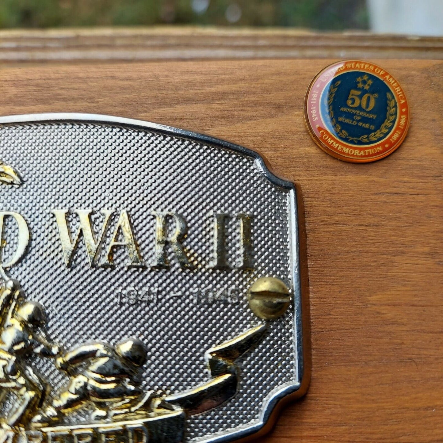 World War II Remembered Belt Buckle on Wood Plaque w COA