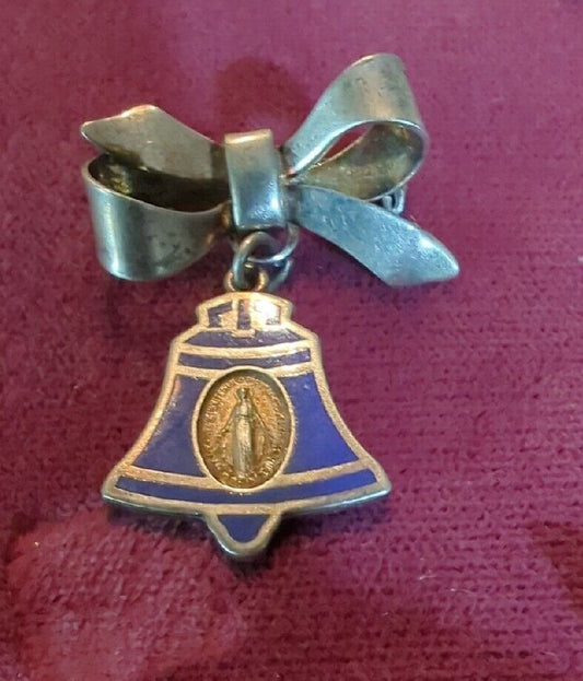 Vintage Sterling Our lady Of The Bell Medal blue enamel With Ribbon