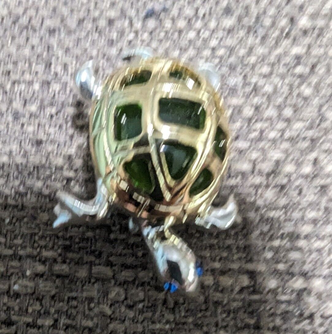 Metal And Green Glass Turtle Brooch Silver And Gold Tone