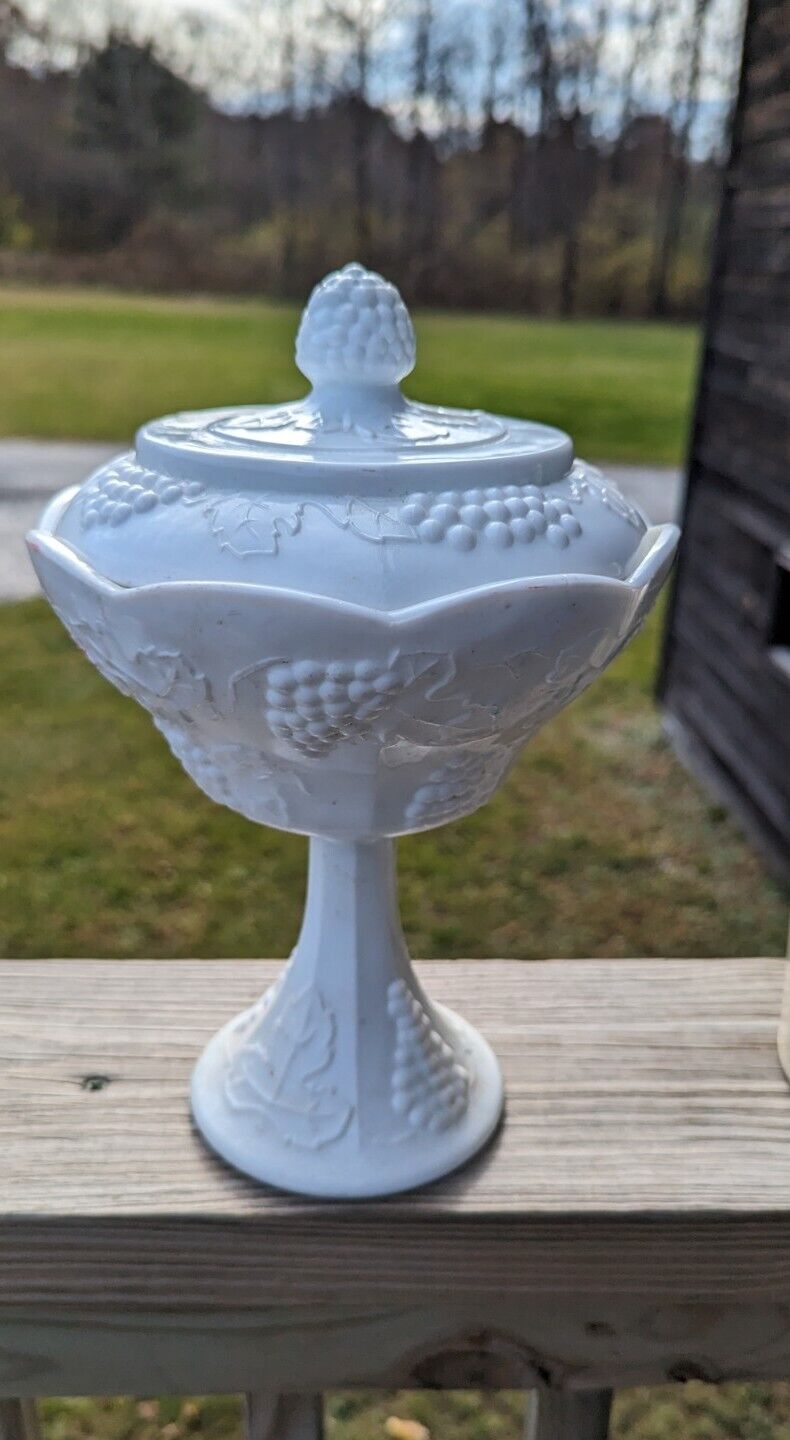 Vintage Indiana White Milk Glass Grape Harvest Pedestal Covered Candy Dish & Lid