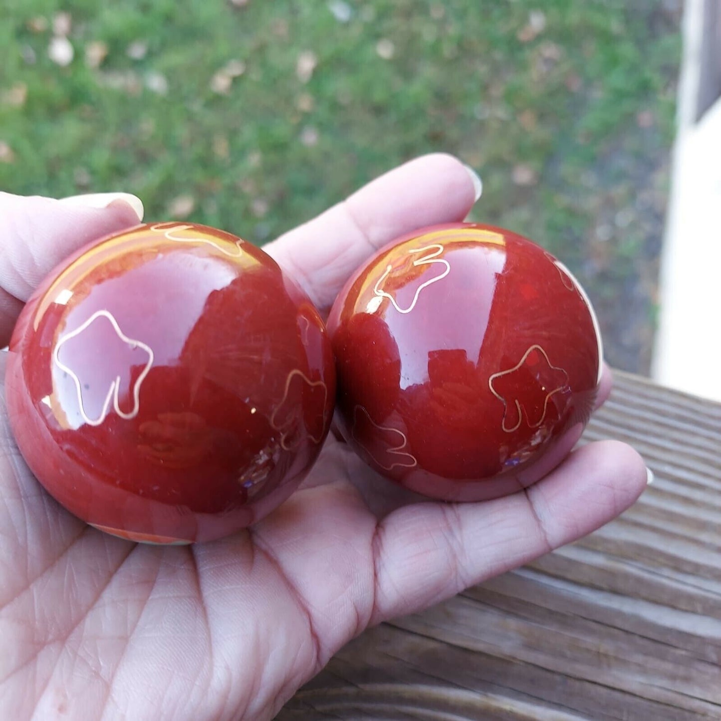 Vintage Red Chai Balls With White Elephants, Pair