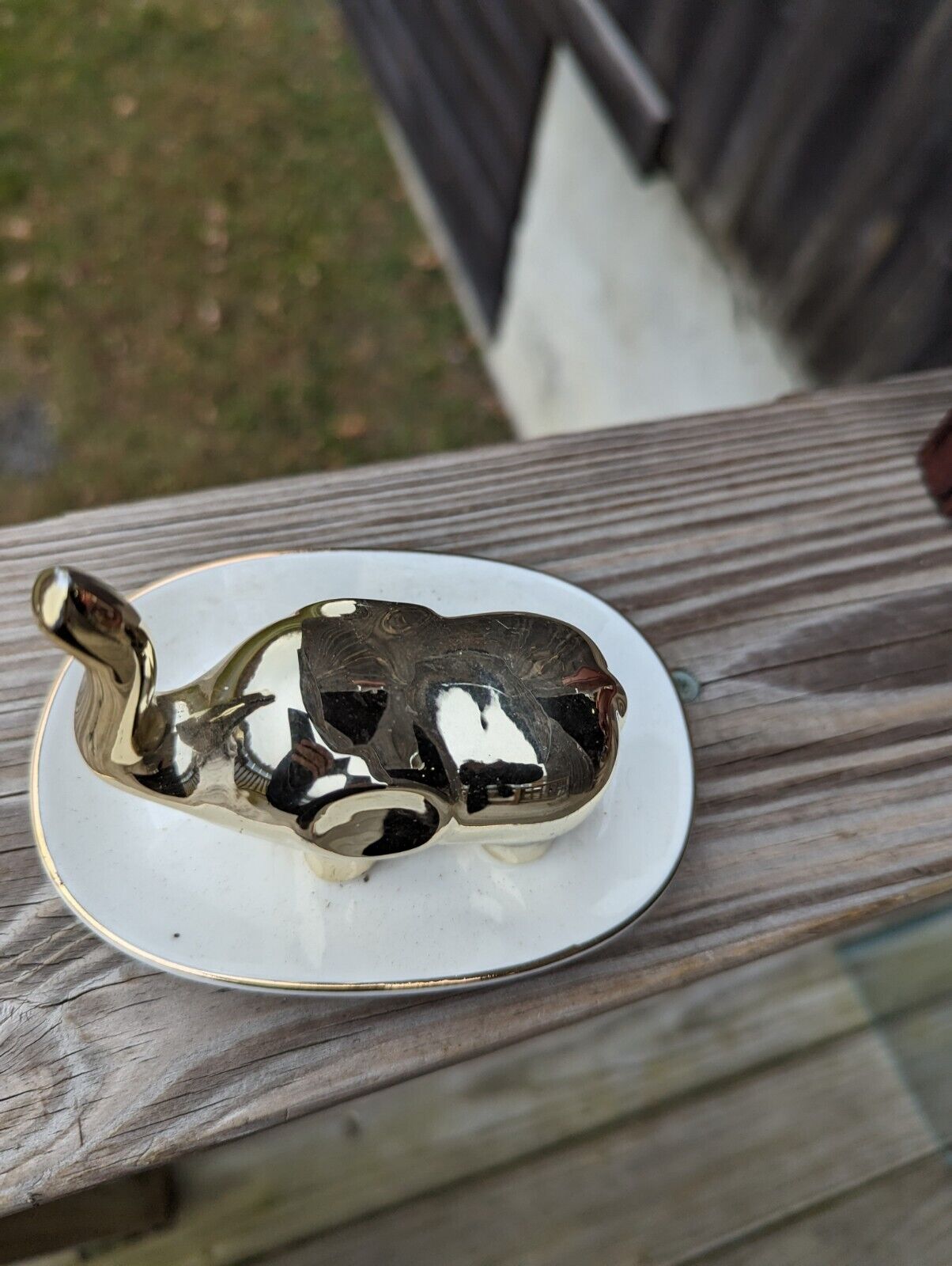 Elephant Trunk up Ring Holder trinket Tray Ceramic Gold Tone Jewelry Dish Asian