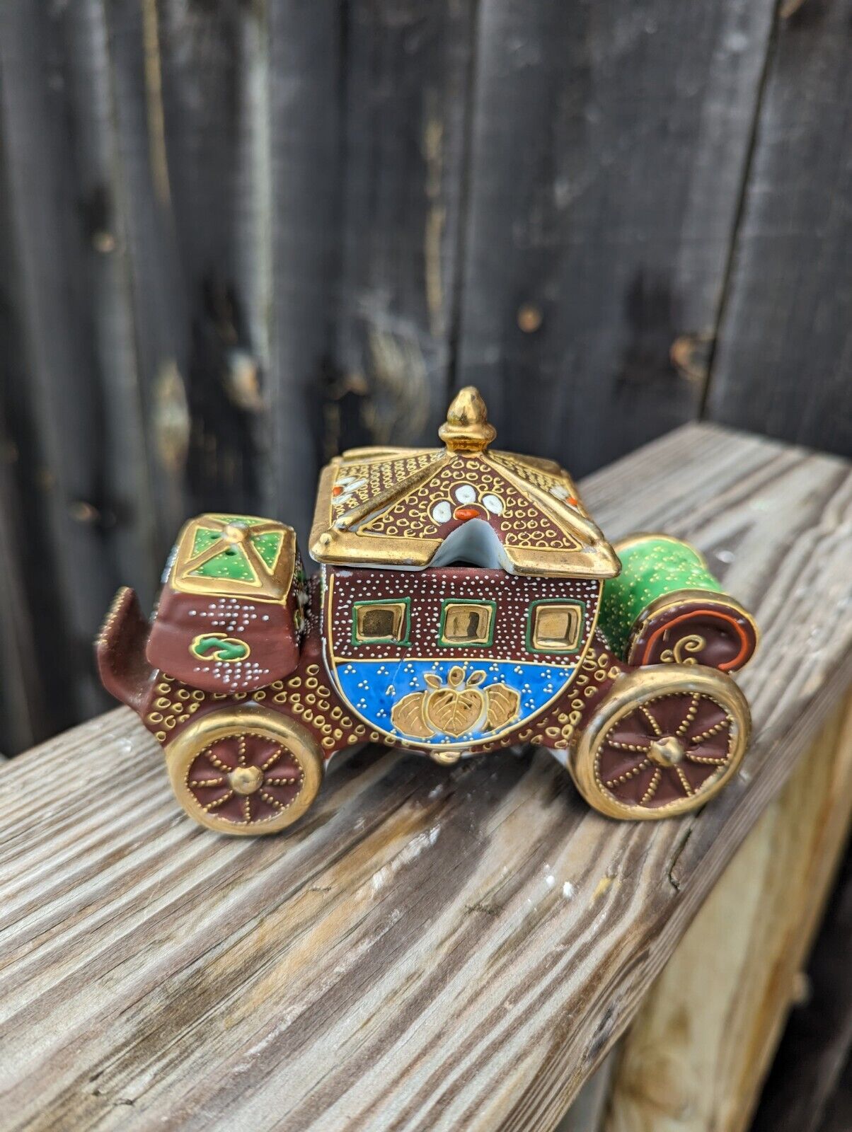 Vintage Ornate Porcelain Carriage Salt Pepper & Sugar Set 6" Wide Made in Japan