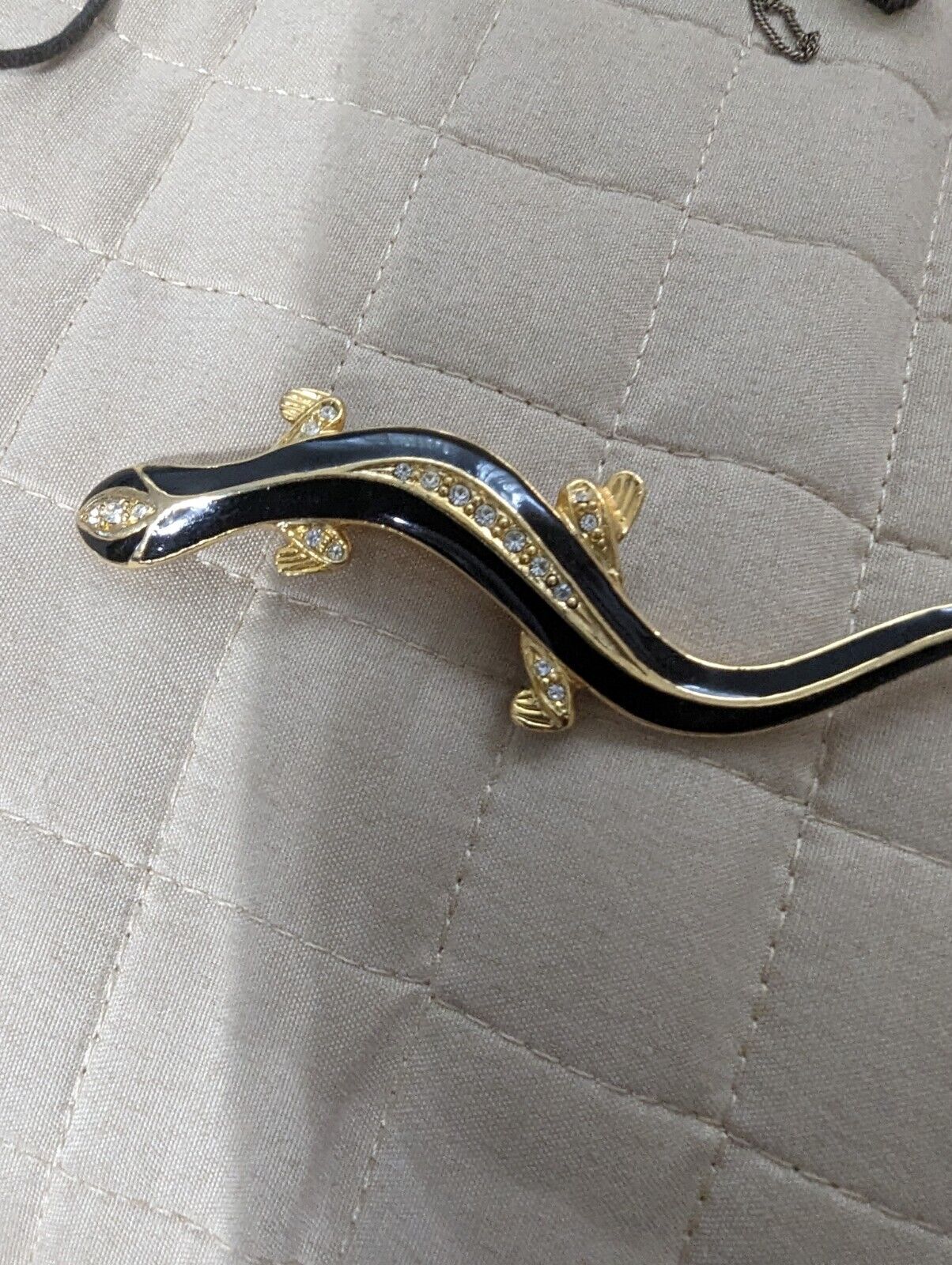 Gold Tone Black Enamel Crystal Rhinestone Salamander Brooch Pin 2.65 In.