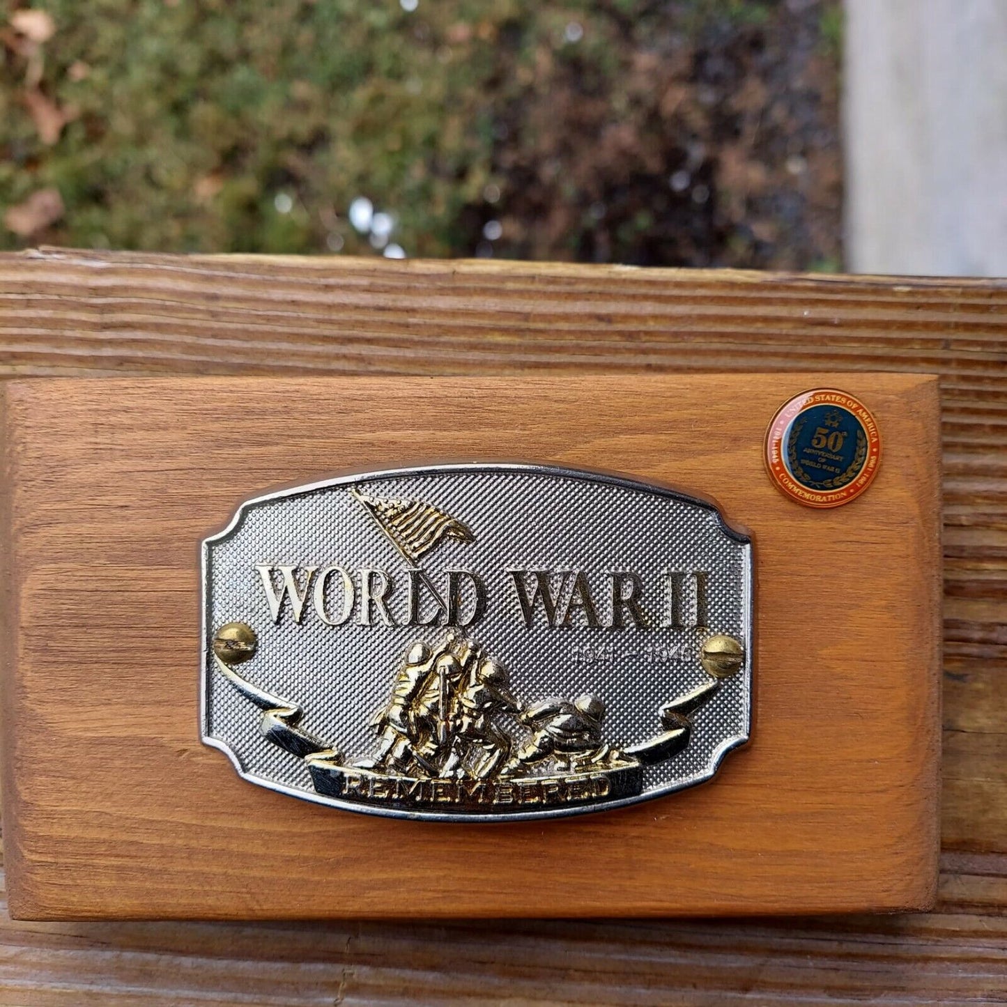 World War II Remembered Belt Buckle on Wood Plaque w COA