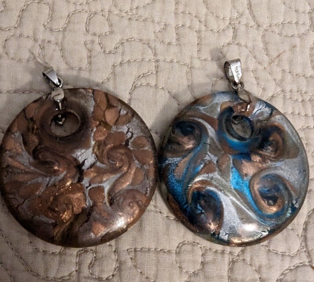 Two 18k GP Round Swirl Glass 2" Diameter Pendants