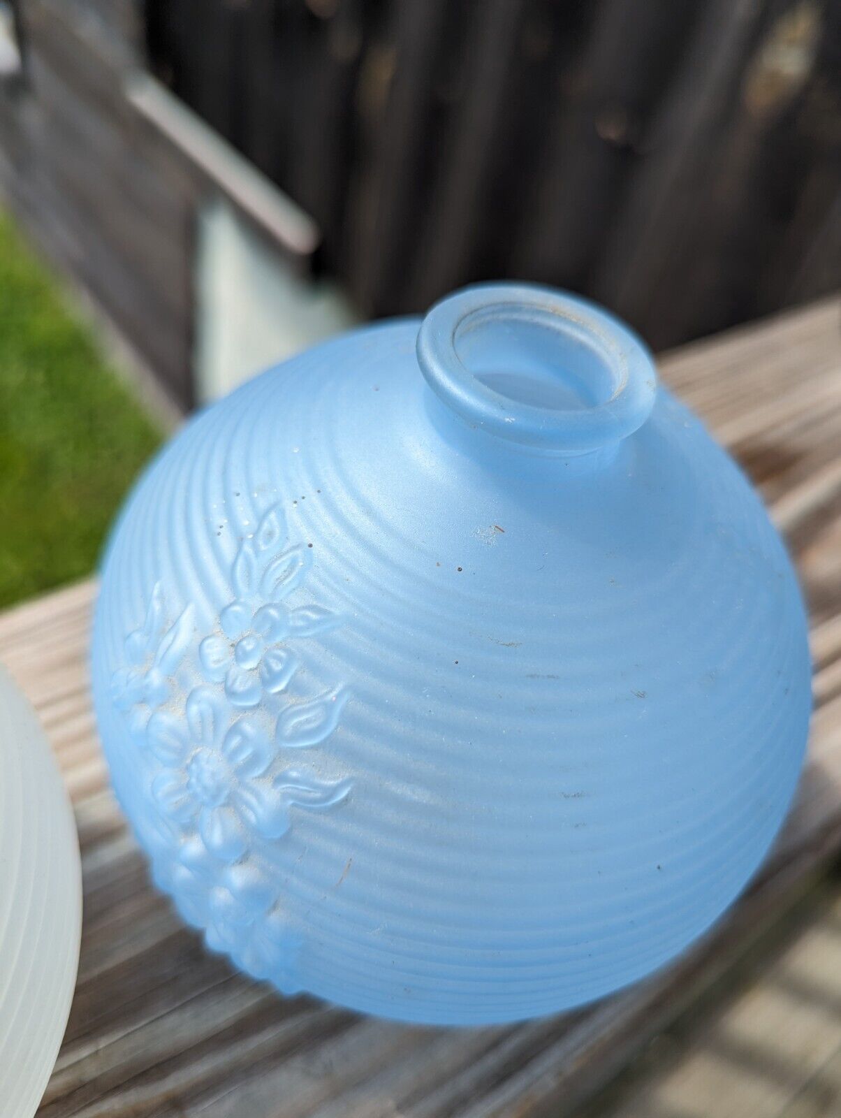 Two Avon Blue & White Frosted  Round  Bud Vases with Embossed Flower Design