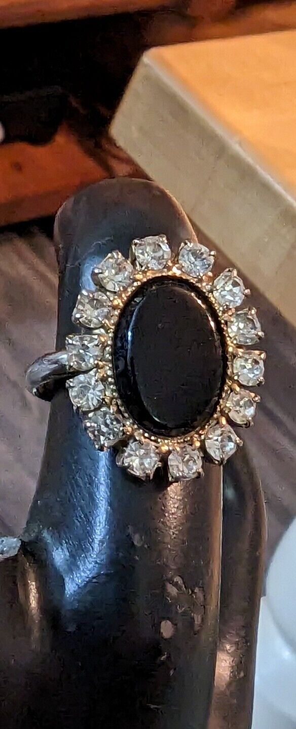 Vintage Domed Black Onix With Rhinestones Ring Size 8 Adjustable