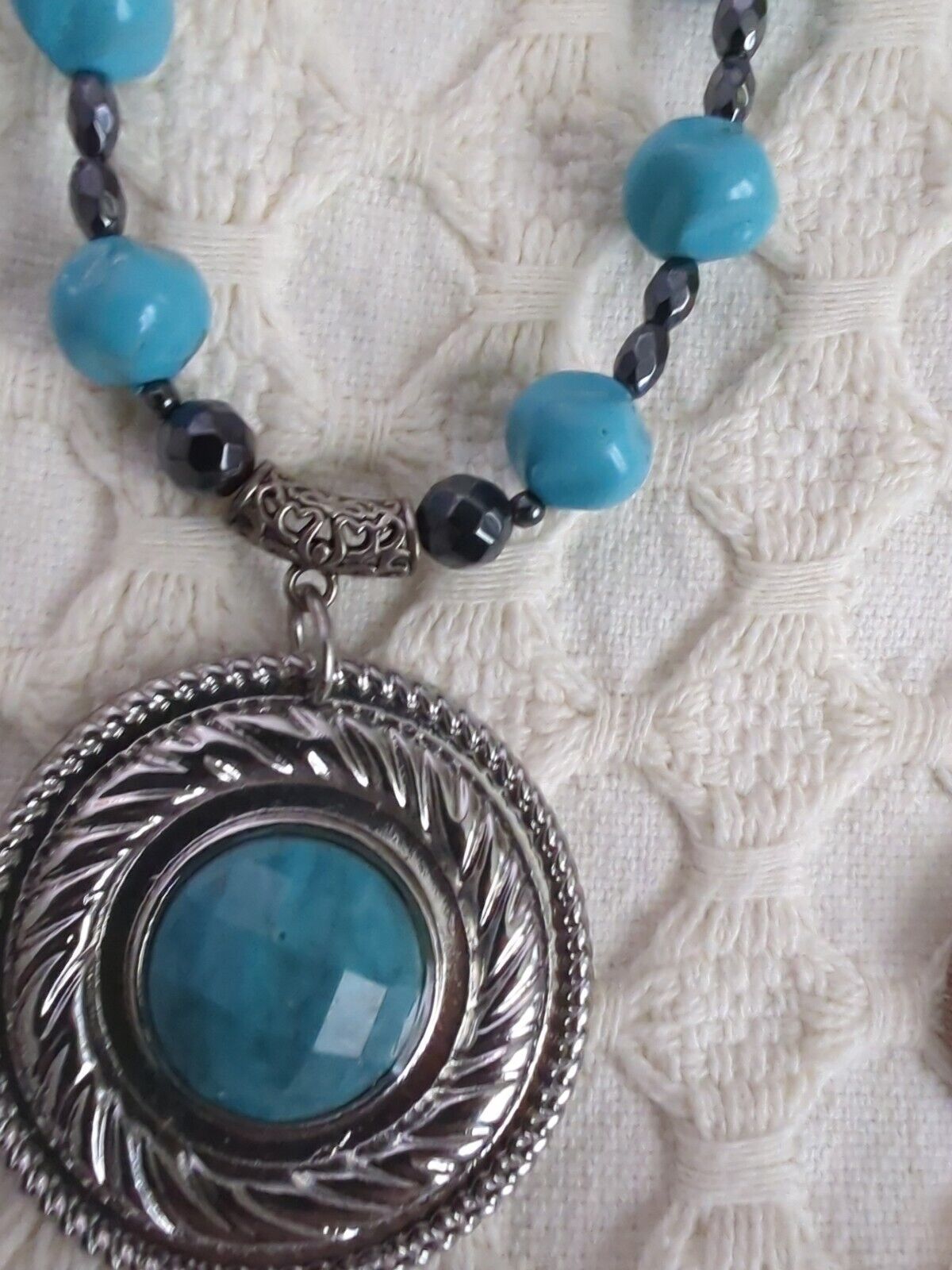 Large Faux Turquoise And Silver Tone Pendant Necklace