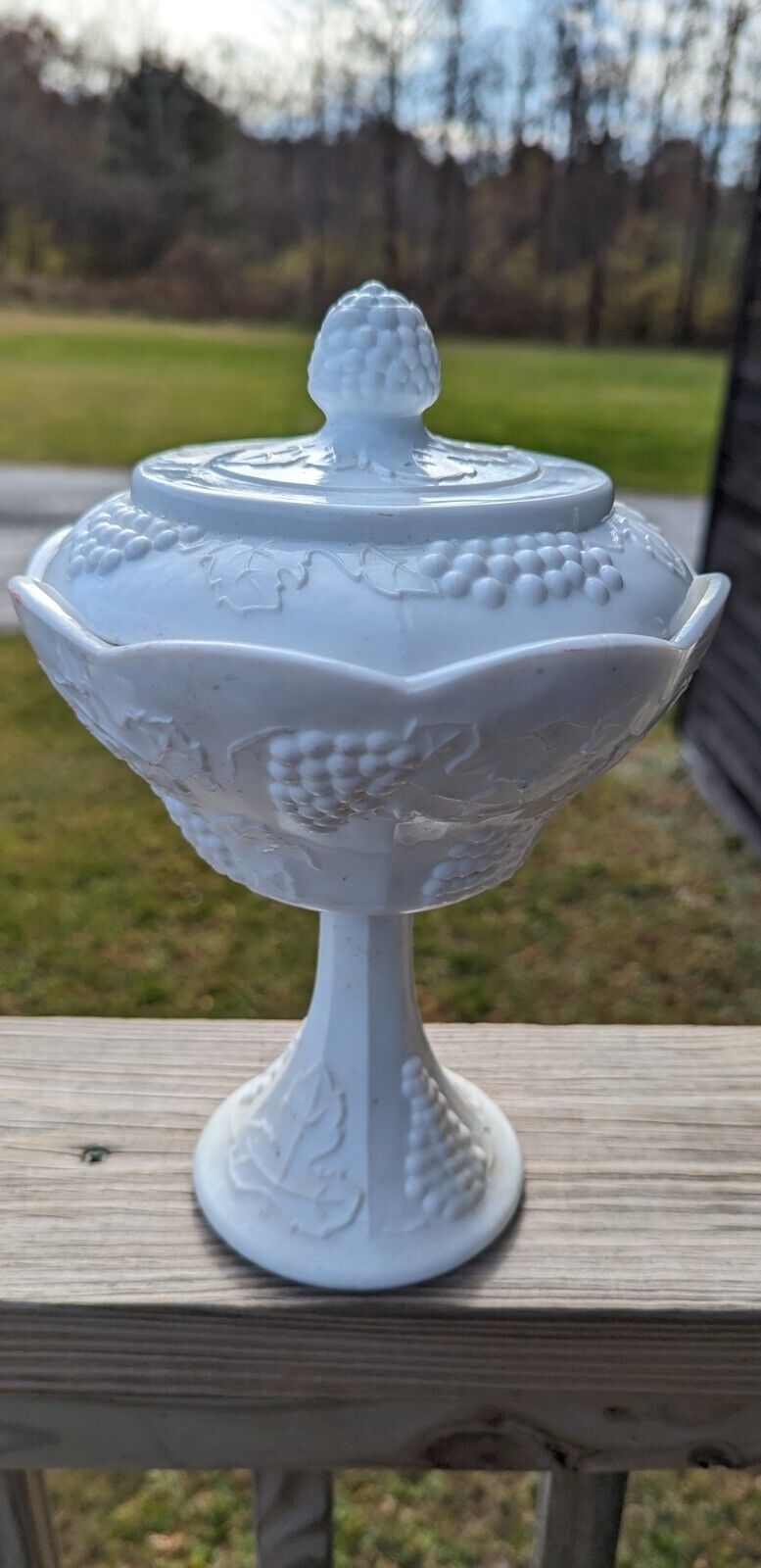 Vintage Indiana White Milk Glass Grape Harvest Pedestal Covered Candy Dish & Lid