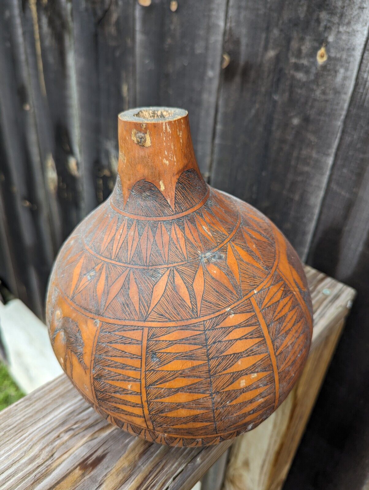 African Gourd Hand Carved  Folk Art About 10" Elephants & Rhinos Made in Kenya