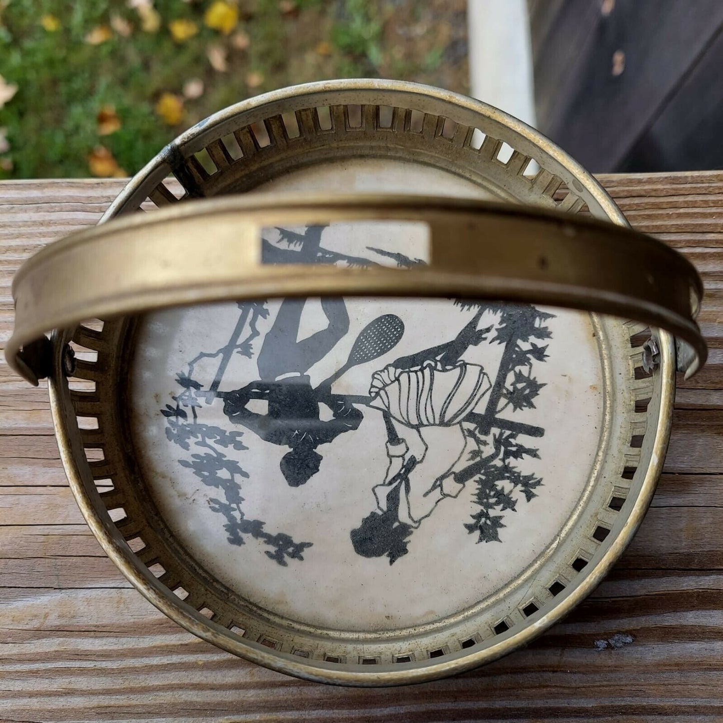 Vintage Metal Small Basket With Black & White Scene Print Made In Germany