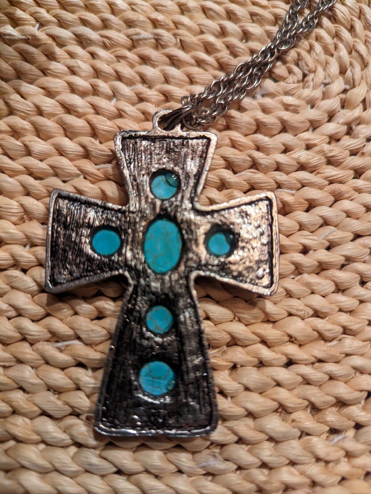 Vintage Large SouthWestern Style Turquoise Over Silver Tone Cross And 22" Chain