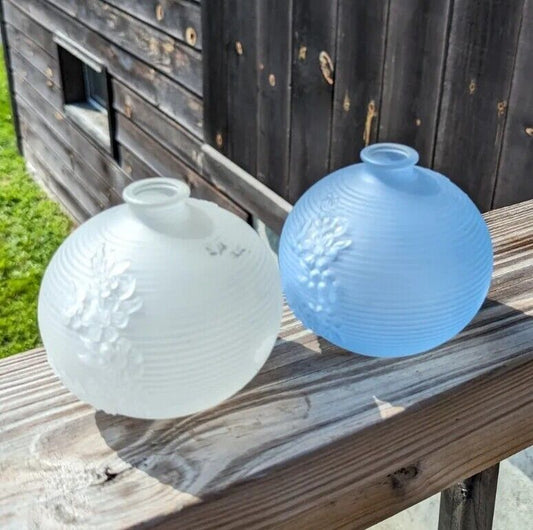 Two Avon Blue & White Frosted  Round  Bud Vases with Embossed Flower Design