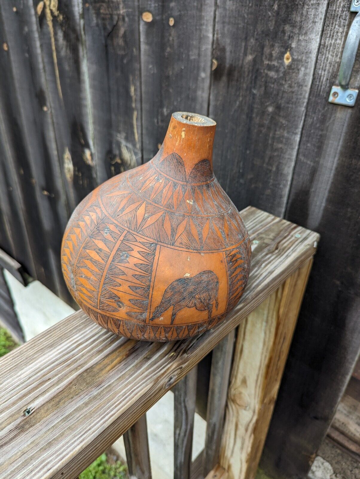 African Gourd Hand Carved  Folk Art About 10" Elephants & Rhinos Made in Kenya