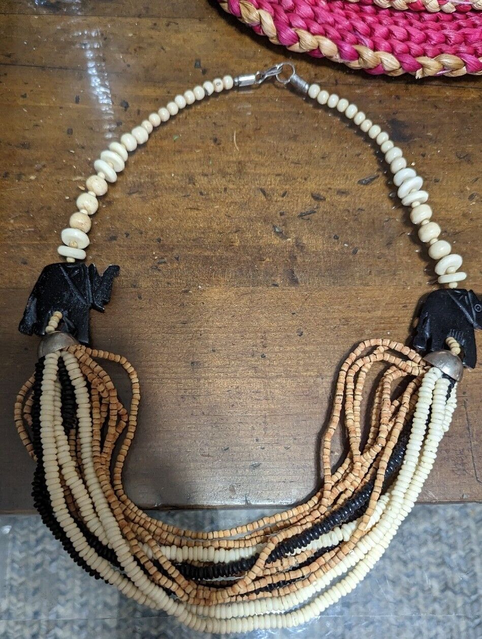 BoHo African carved elephant & wood bead Multi Strand Beaded Necklace 24”