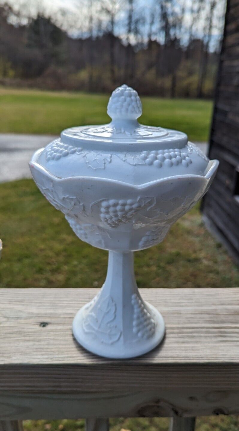 Vintage Indiana White Milk Glass Grape Harvest Pedestal Covered Candy Dish & Lid