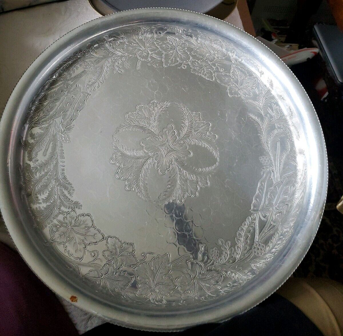 Aluminum By Gailstyn, large Round Tray Vintage 1952 16" diameter.