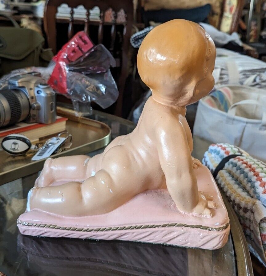 True Vintage 50s Chalkware Piano Baby - Poured Painted plaster baby girl Rare