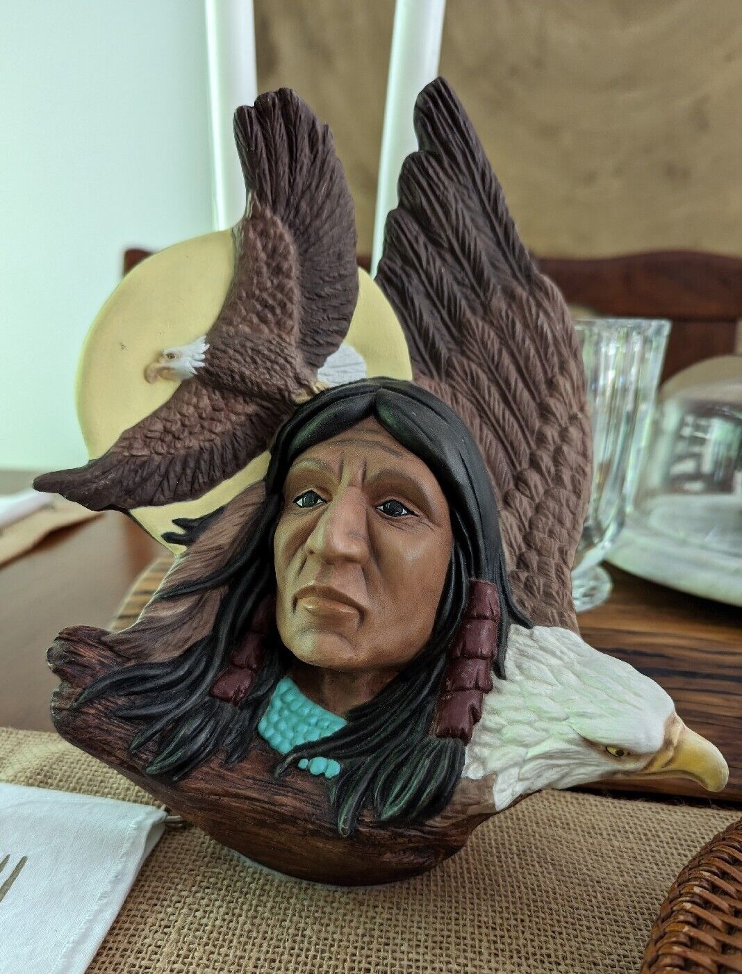 Vintage Native American Ceramic Brave Leader Figure with  Eagles, hand painted