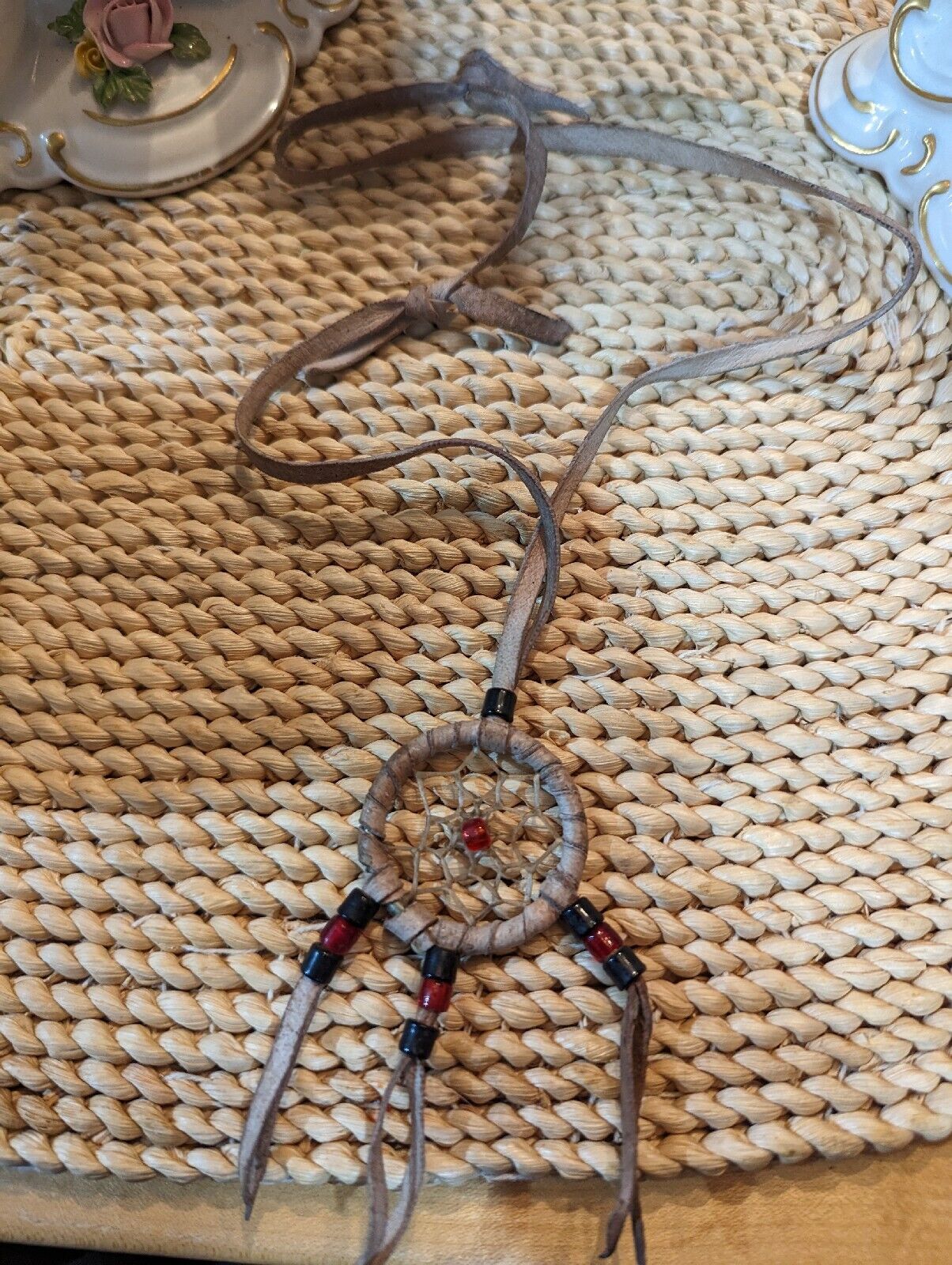 Leather Straps And Beads Genuine Medicine Wheel Dream Catcher Necklace