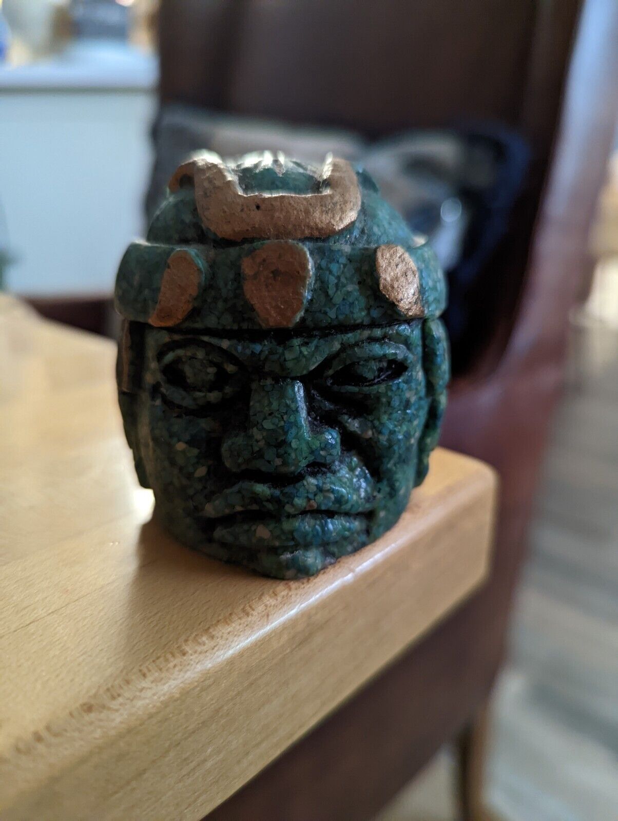 Mayan Green Carved Stone Head Art , 3.5"