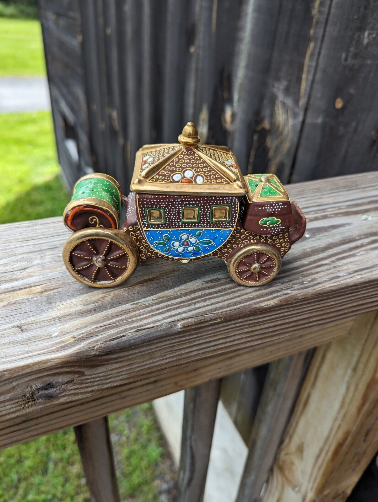 Vintage Ornate Porcelain Carriage Salt Pepper & Sugar Set 6" Wide Made in Japan