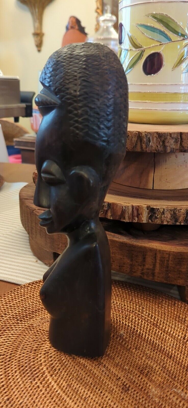 Original Kenyan Hand Carved African Woman Bust Head Ebony Wood Vintage