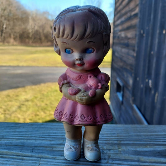 1960's Edward Mobley Squeaky Toy 8 1/2" Standing Rubber Doll Girl in Pink Dress