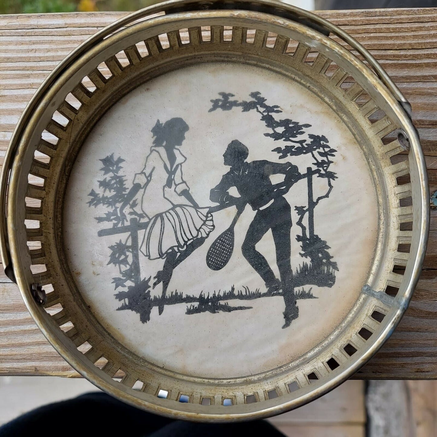 Vintage Metal Small Basket With Black & White Scene Print Made In Germany