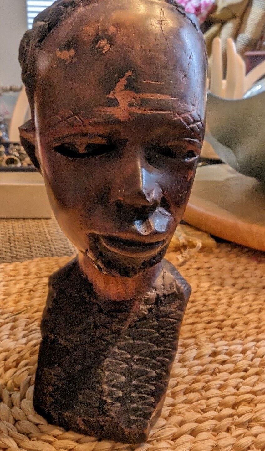 Vintage Hand Carved Male Head Sculpture 8” Tall Solid Wood