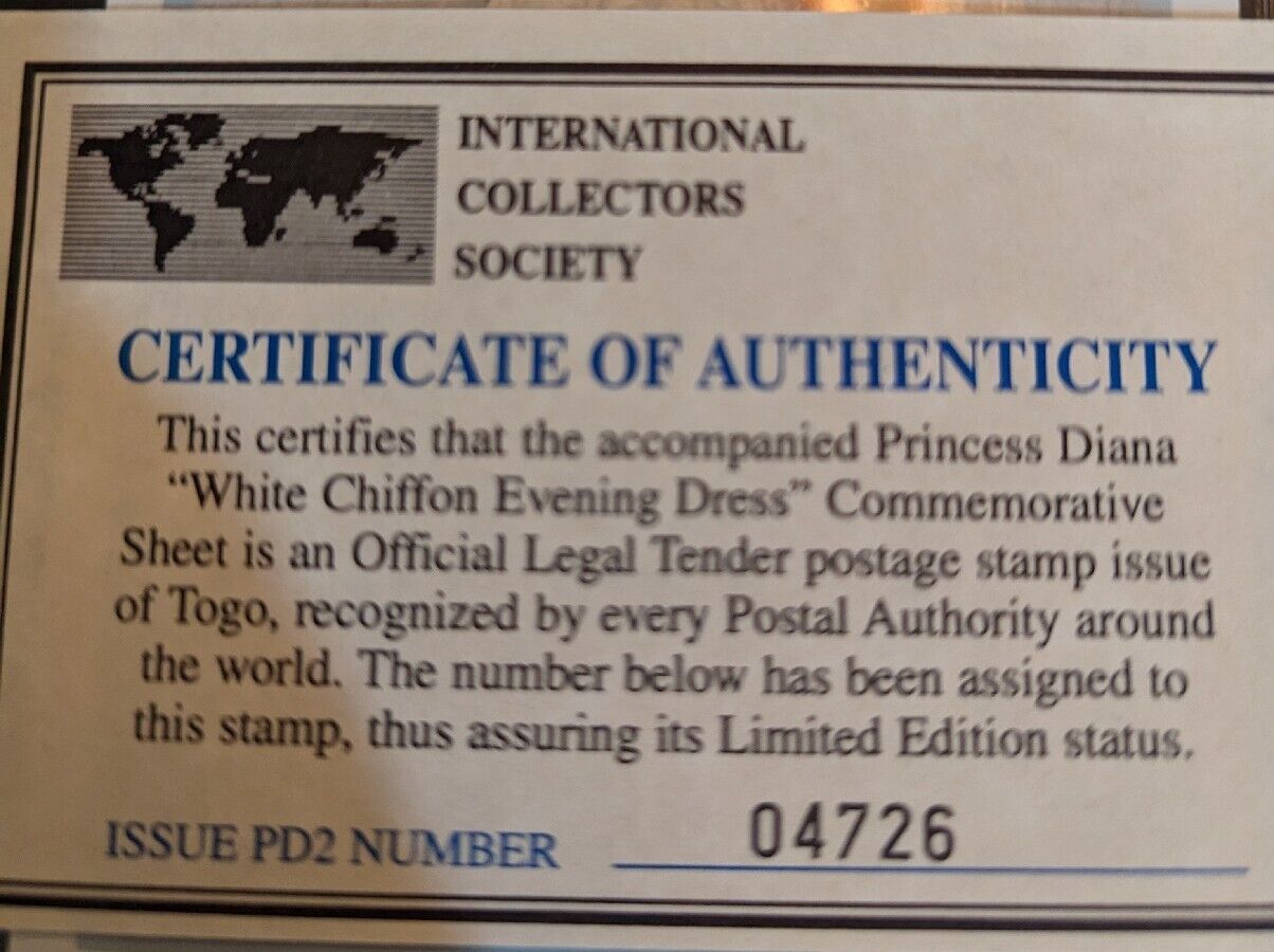 International Collectors Society PRINCESS DIANA LIMITED Postage Stamp with COA