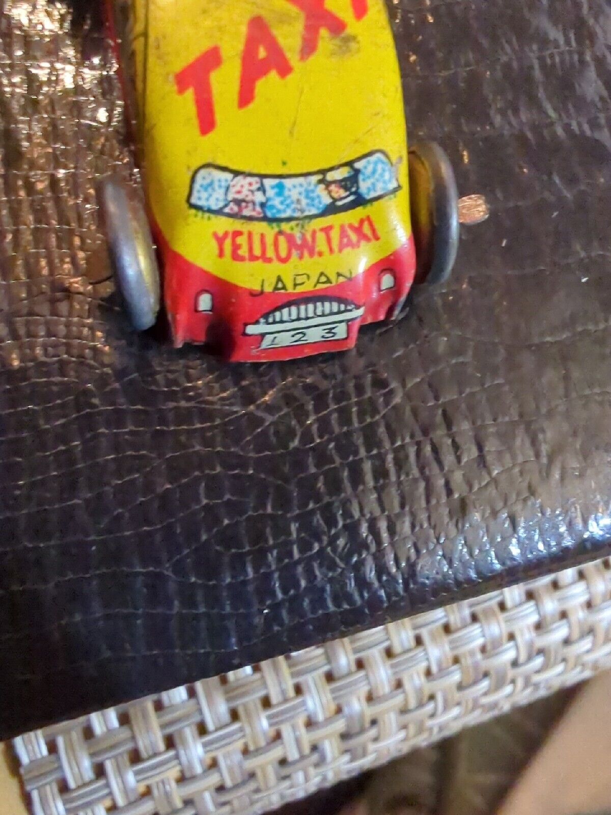 1940s Japan Tiny Tin Litho Toy Car Yellow & Red Taxicab Plate Vintage