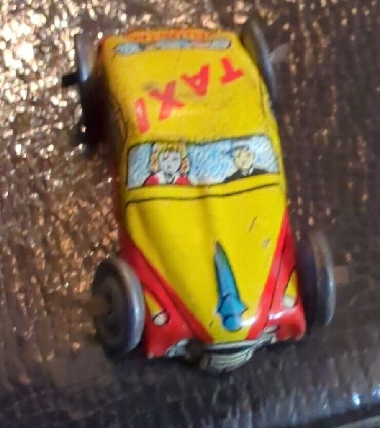 1940s Japan Tiny Tin Litho Toy Car Yellow & Red Taxicab Plate Vintage