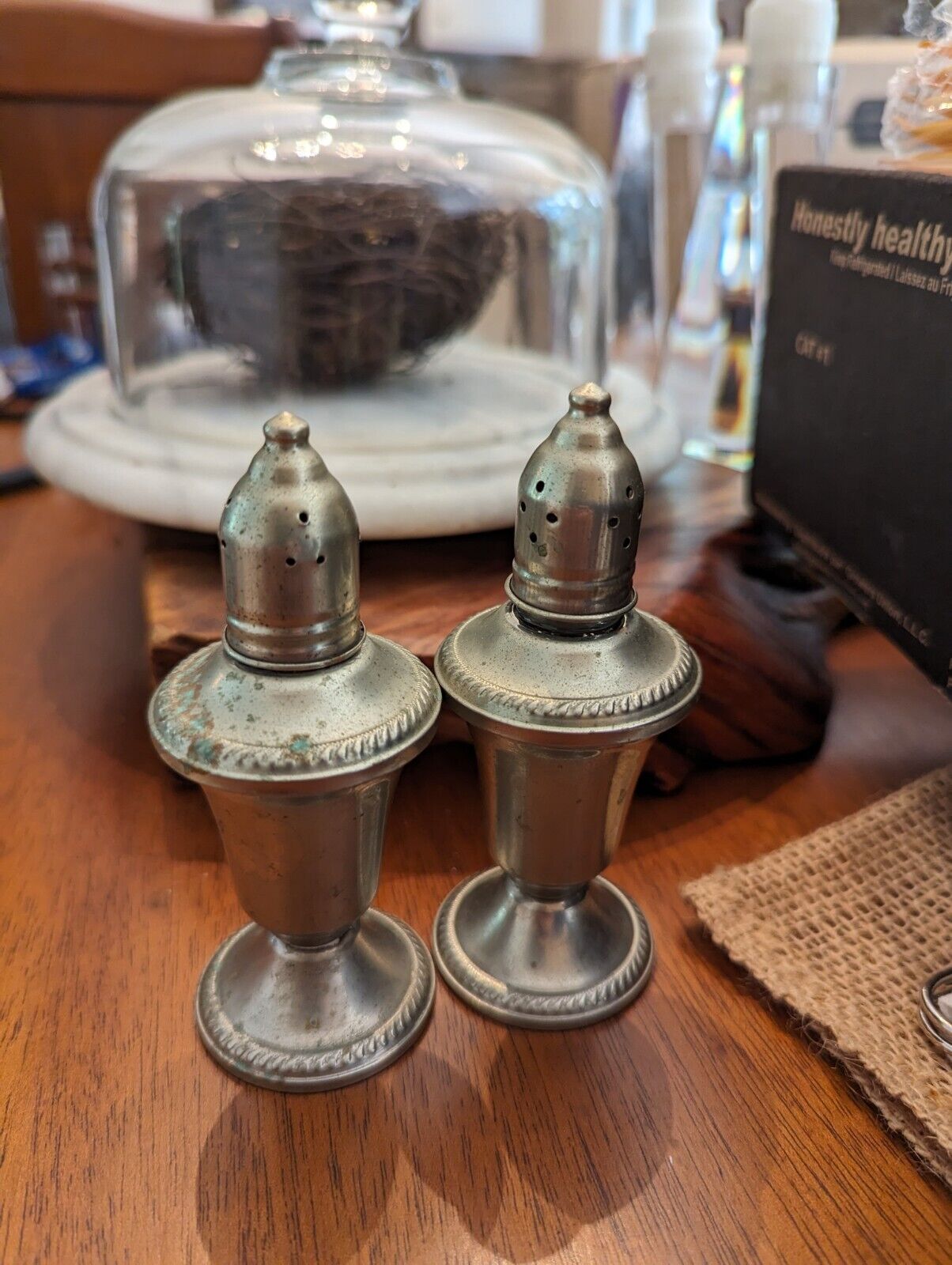 Vintage Metal Glass Set Salt Pepper Shakers Mid Century Plated