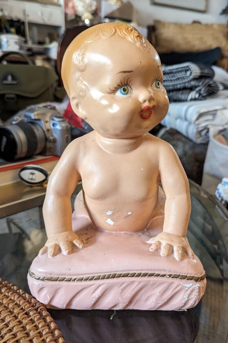 True Vintage 50s Chalkware Piano Baby - Poured Painted plaster baby girl Rare