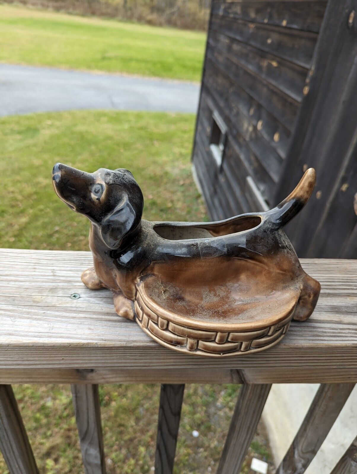 Vintage MCM 50s 10 Inch Dachshund Ceramic Planter Trinket Dish Weiner Dog