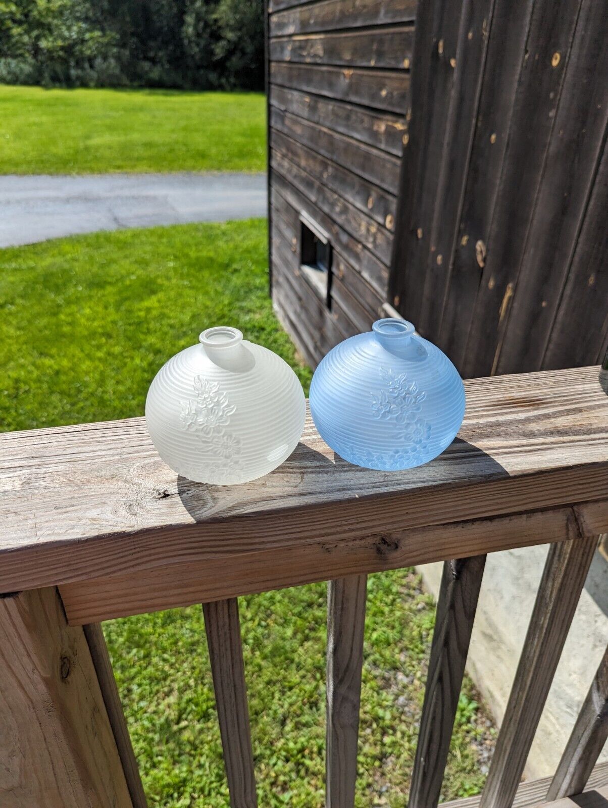 Two Avon Blue & White Frosted  Round  Bud Vases with Embossed Flower Design