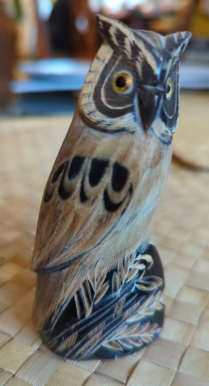 Water Buffalo Horn Carved Owl Figurine 4" tall.