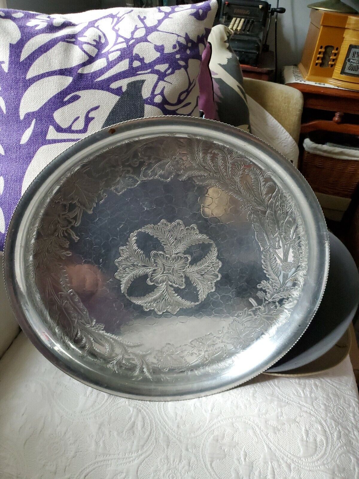 Aluminum By Gailstyn, large Round Tray Vintage 1952 16" diameter.