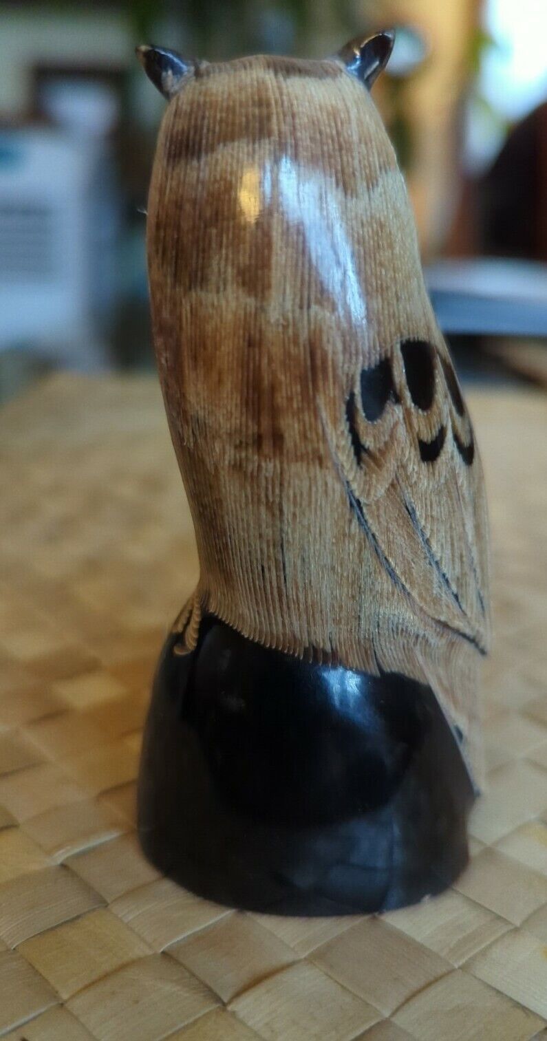 Water Buffalo Horn Carved Owl Figurine 4" tall.