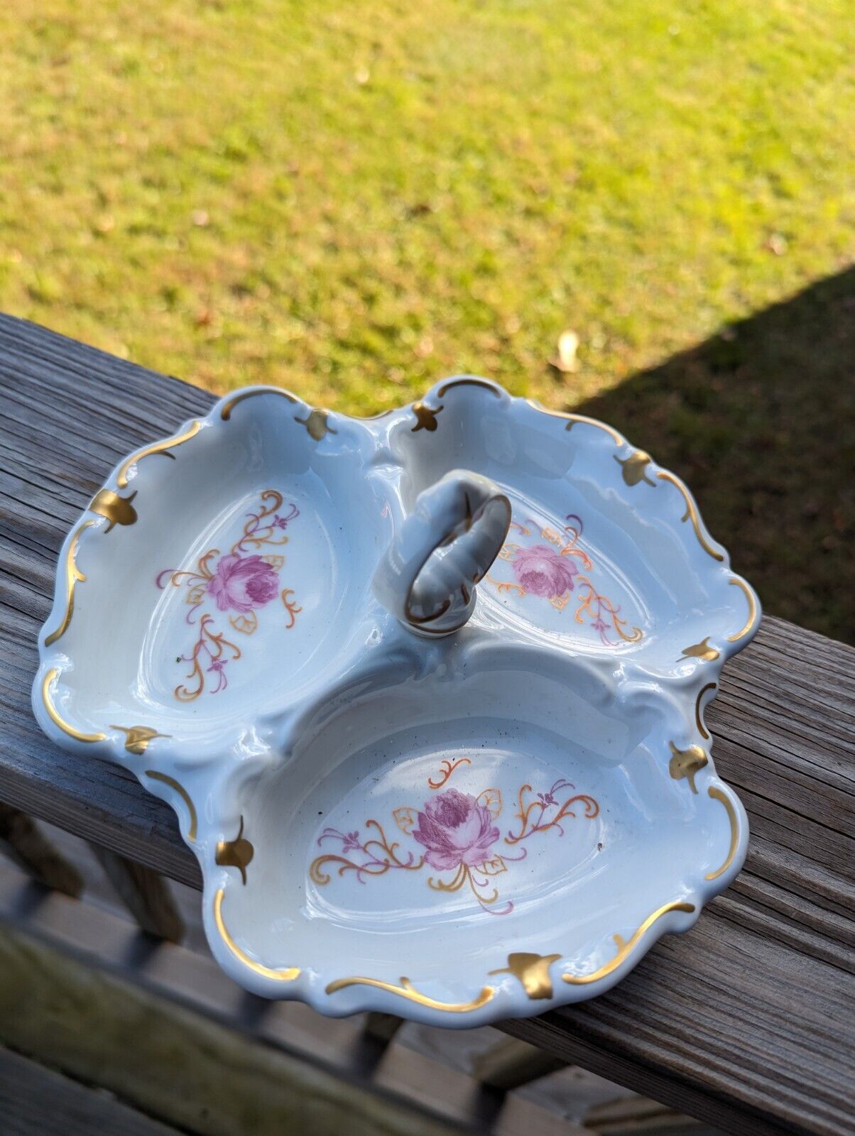 VINTAGE GDR REICHENBACH GERMANY 3- DIVIDED HANDLED DISH FLORAL