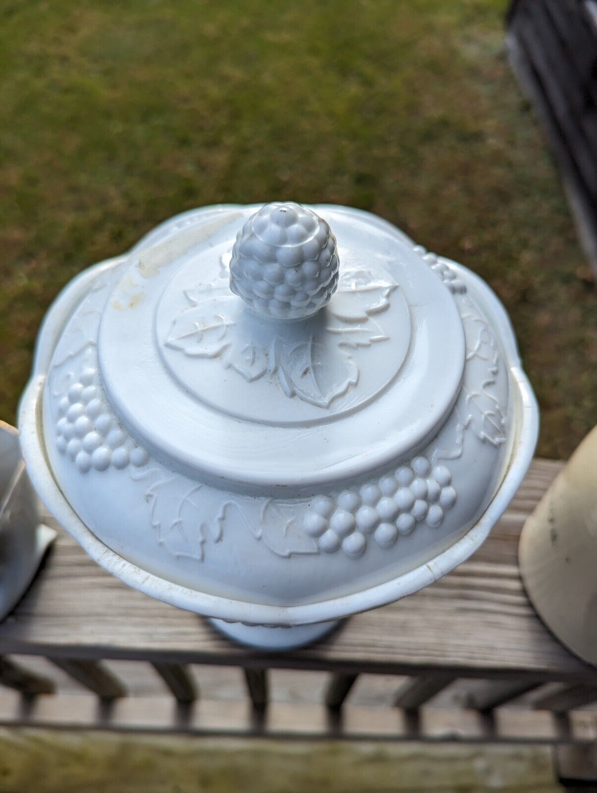 Vintage Indiana White Milk Glass Grape Harvest Pedestal Covered Candy Dish & Lid