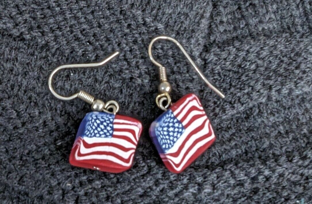 Wood Block American Flag Earings