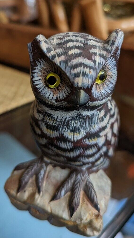 Vintage Asian Beautiful Stone Owl On Perch