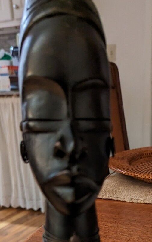 Vintage 80s Wooden Wood Carved African Beauty With Metallic Earings 9" tall