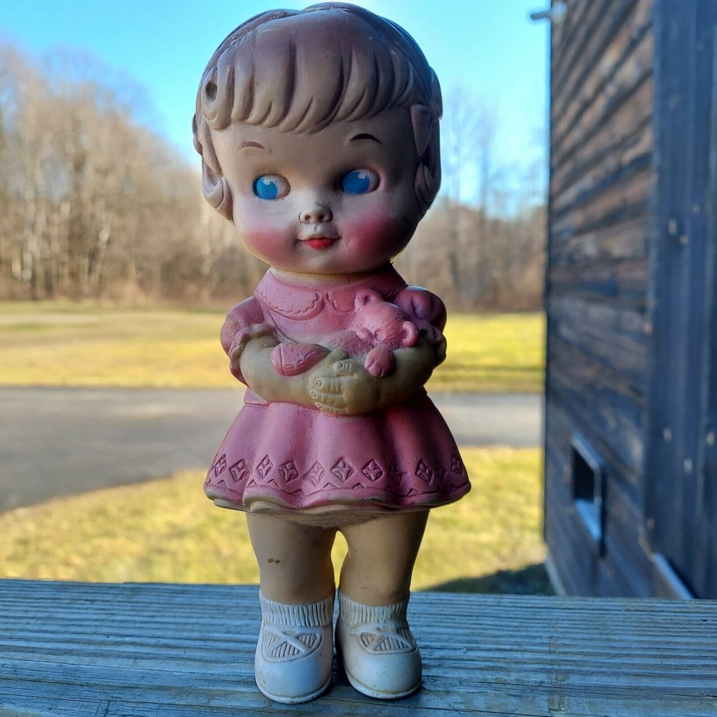 1960's Edward Mobley Squeaky Toy 8 1/2" Standing Rubber Doll Girl in Pink Dress